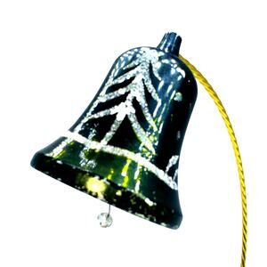 Vintage Antique Glass Pine Tree Green Bell Ornament With Glass On Wire Clapper
